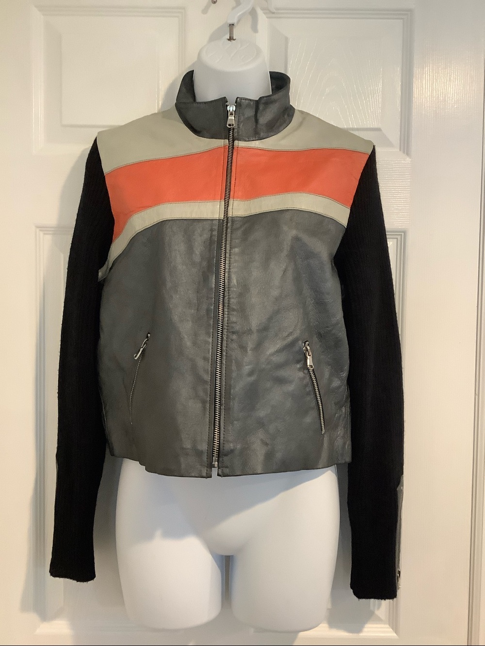PANDEMONIUM Vintage 1980’s Gray Genuine Leather/Wool Striped Biker Moto Jacket L